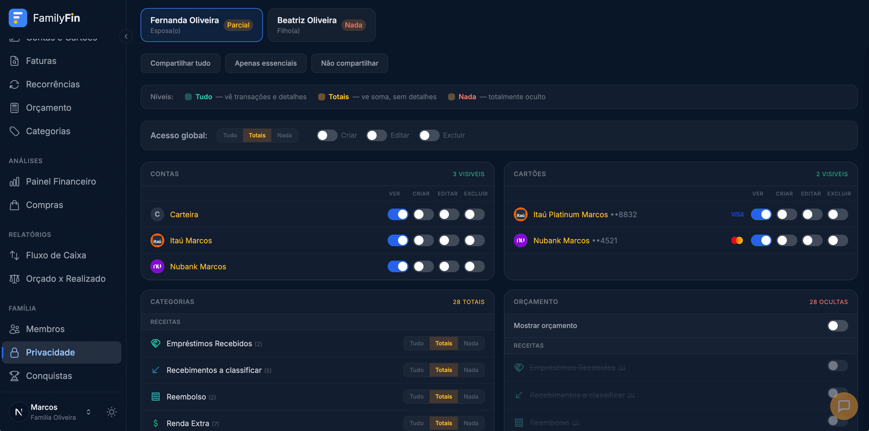 Controle de privacidade por conta e categoria