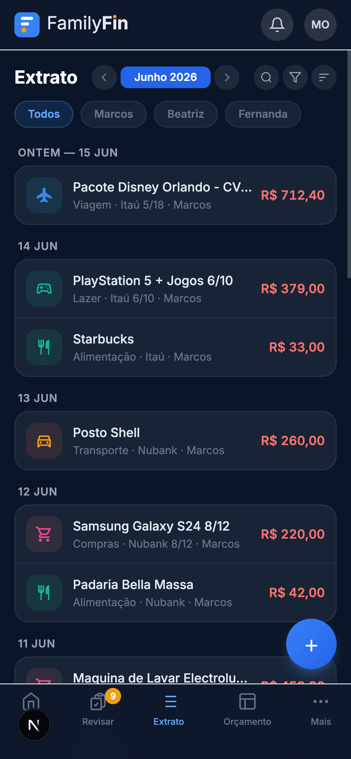Extrato no celular